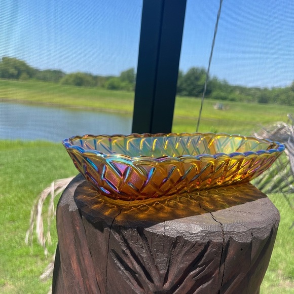 VTG Iridescent Carnival Glass Marigold Bread/ Nut Basket - Picture 7 of 12